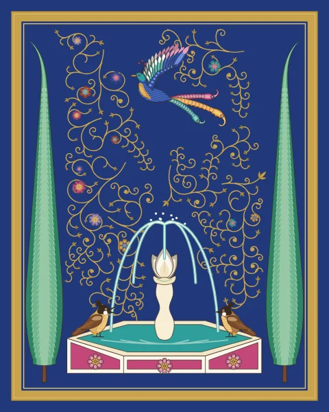 Two songbirds sit on the rim of an octagonal fountain with a lotus bowl and arching jets, between two cypresses, on a lapis ground.