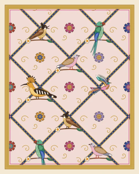 A gold and lapis trellis set with small rosettes encloses a songbird, a parrot, a turtle dove, a hoopoe and a long-tailed bird, each on a blossoming sprig among gold tendrils, repeating on a pale rose ground.