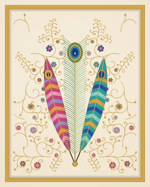 A peacock feather stands between two banded feathers in rose and turquoise, fanned from a small gold knot, among light gold tracery.