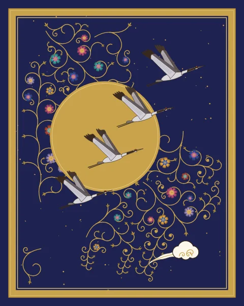 Four grey cranes with black fingered wingtips and red crowns fly in a line across a large gold moon, in a midnight sky scattered with gold, with a small white cloud below.