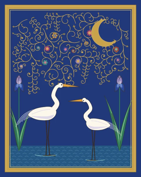 Two white egrets with fine back plumes stand facing each other in rippled water between blue irises, under a gold crescent on a lapis ground with gold tracery.