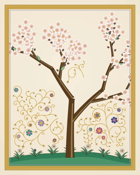 A flowering almond tree covered in white and pale pink blossom rises from a green mound of grasses and narcissus, among fine gold scrolls within a gilded frame.