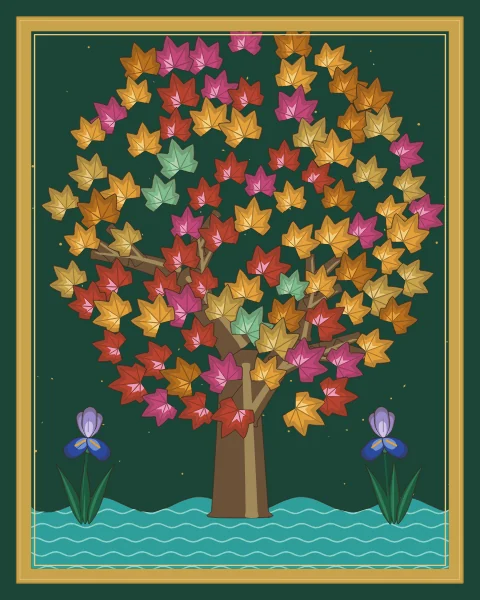 A great plane tree in autumn, its leaves in saffron, red, rose and gold, stands beside a turquoise stream with irises on its banks, on a deep green ground flecked with gold.