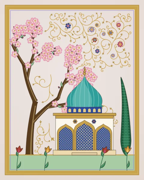 A white garden pavilion with latticed arches and a turquoise dome stands on a terrace between a blossoming tree and a cypress, with tulips and carnations in front.