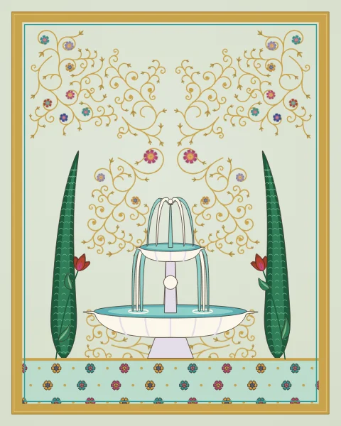A two-tier white fountain spills water into a lobed basin between two cypresses, above a tiled floor of small rosettes, on a pale celadon ground with gold scrolls.
