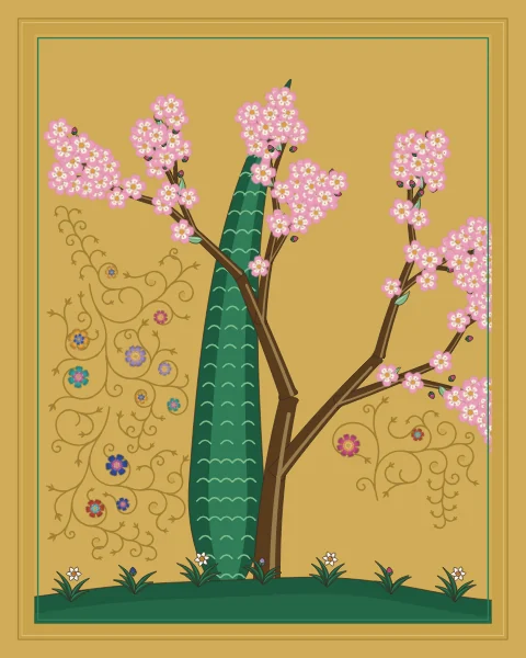 A tall cypress with a curling tip and a flowering almond grow side by side, their branches mingling, on a gold ground scrolled with darker gold.