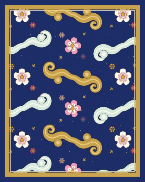 Curling cloud bands in gold and pale turquoise drift across a lapis ground flecked with gold, between white and pink blossoms and small rosettes.