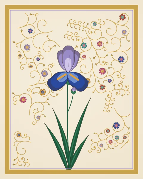 A single lavender and cobalt iris with a bud rises on a slender stem from sword-shaped leaves, among sparse gold scrolls within a gilded frame.