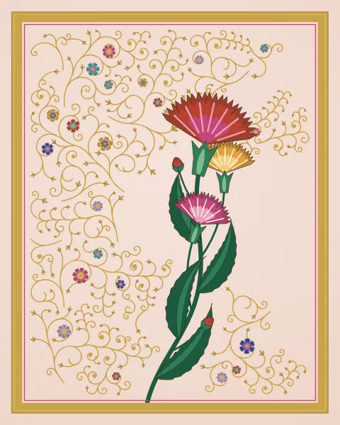 A curving stem carries a red carnation, two smaller carnations in rose and saffron and two buds, with serrated saz leaves, on a pale rose ground.