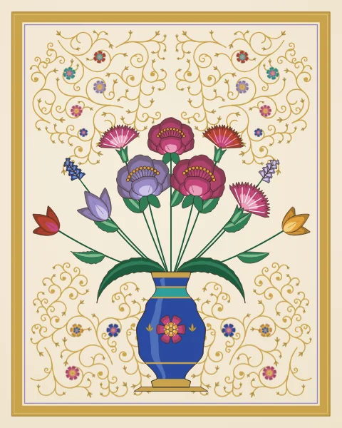 A cobalt vase with gold bands holds a full spray of peonies, tulips, carnations and hyacinths with curling leaves, among fine gold scrolls.
