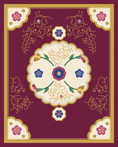 A lobed ivory medallion filled with a rosette, tulips, carnations and gold scrolls sits on a madder ground, with small pendants and quarter medallions in the corners.