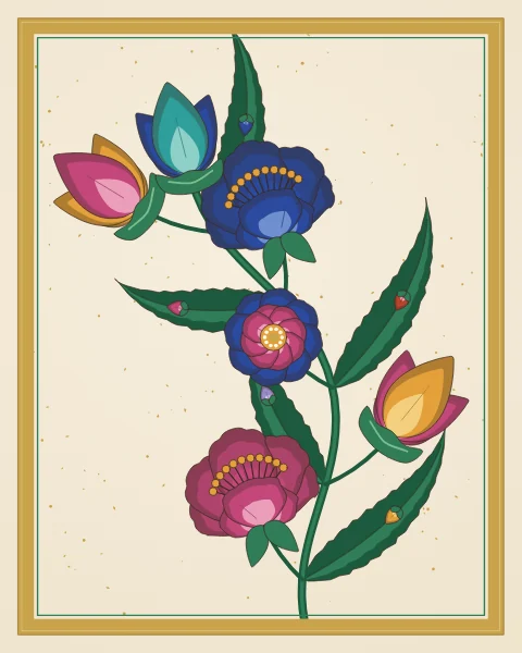 A winding stem carries great serrated saz leaves, peonies, lotus, rosettes and buds across an ivory ground flecked with gold.