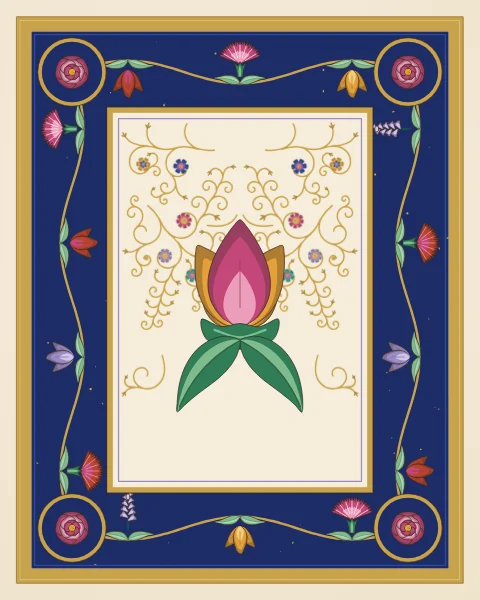 A small lotus on an ivory panel is framed by a wide lapis border of tulips, carnations and hyacinths along a gold stem, with roses at the corners.
