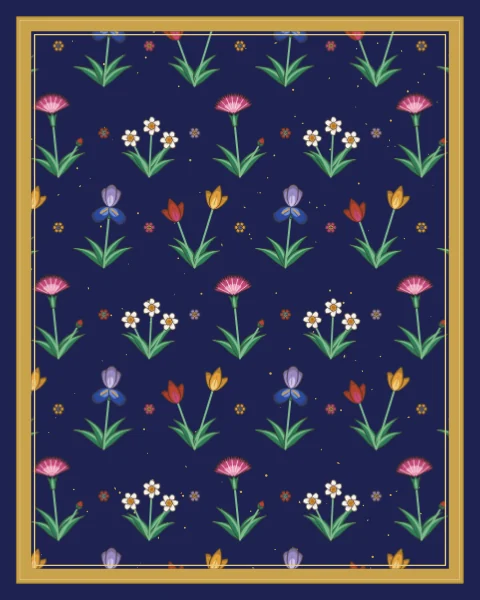 Small clumps of tulips, irises, narcissus and carnations repeat across an indigo ground scattered with gold, with tiny rosettes between them.