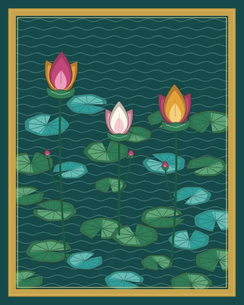 Lotus flowers in rose, white and saffron rise on tall stems above round green and turquoise pads, over water drawn with fine rippling lines on a deep teal ground.