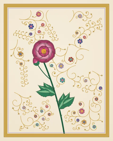 A single open rose with a bud on a thorny stem with serrated leaves, among sparse gold scrolls within a gilded frame.