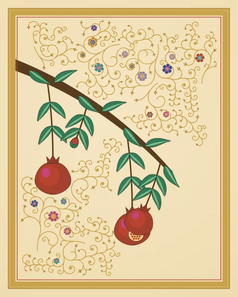 A branch hangs with ripe pomegranates, one split open to show its seeds, and red buds among narrow leaves, on a pale saffron ground with gold scrolls.