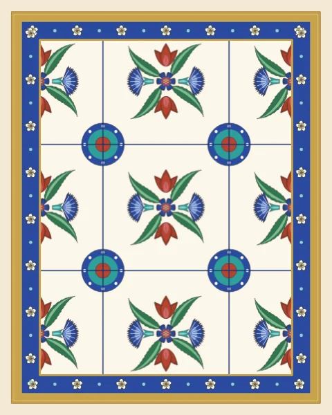 A panel of white tiles patterned with tulips, carnations and saz leaves in red, cobalt, turquoise and green, joined at the corners into rosettes, within a cobalt border of small blossoms.