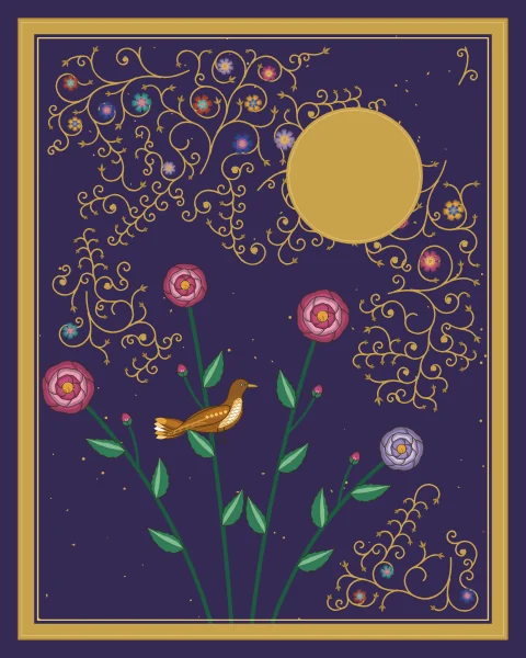 A small brown bird sings from a rose bush full of open roses and buds under a gold moon, on an aubergine ground with gold scrolls.