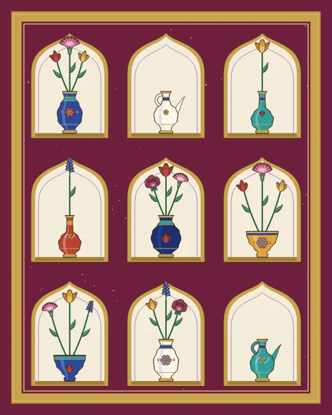 Rows of small arched niches on a madder wall each hold a vase, ewer, bottle or bowl, most with a few tulips, carnations or hyacinths.