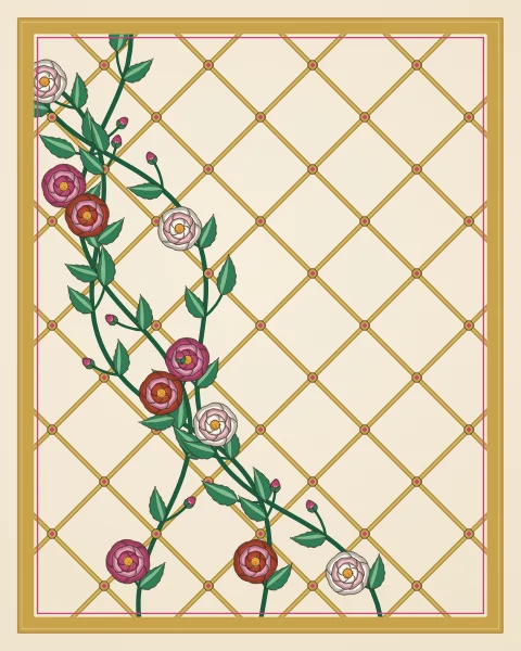 Climbing roses with pink, red and white flowers wind up through a diagonal gold trellis studded with small knots, on an ivory ground.