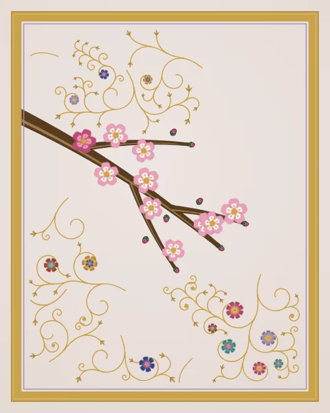 A single branch reaches in from the edge with pink blossoms and buds, among sparse gold scrolls on a pale lavender ground.