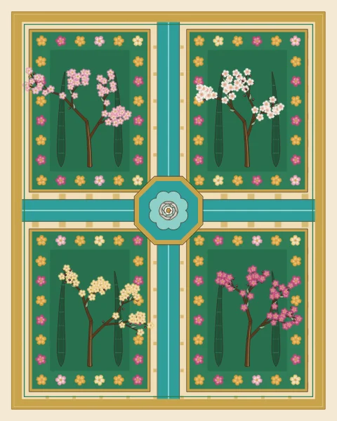 A garden seen from above, divided into four green beds by turquoise channels that meet at an octagonal pool, each bed with a blossoming tree, two cypresses and a border of flowers.