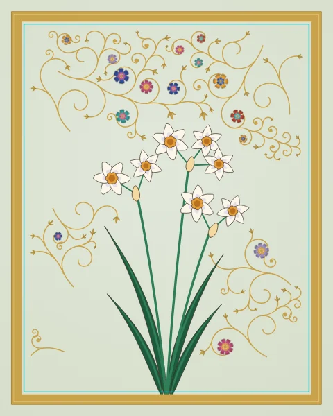 A clump of white narcissus with saffron cups nods on green stems above long narrow leaves, among sparse gold scrolls on a pale celadon ground.