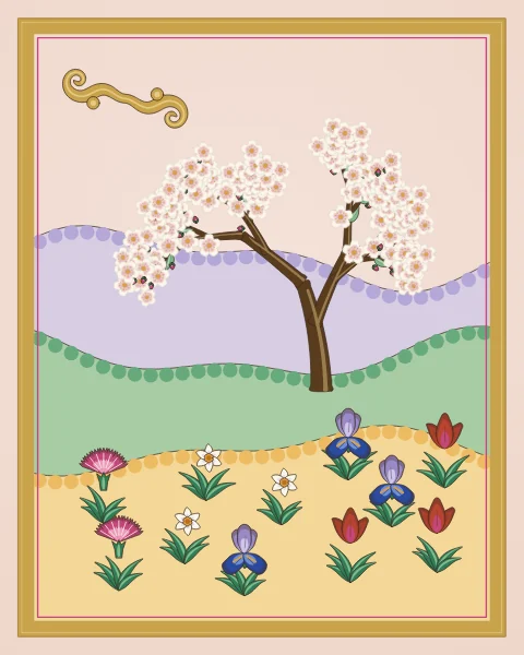 Rolling hills in lavender, green and saffron rise under a pale rose sky with a curl of gold cloud, with a flowering almond tree and tulips, irises, narcissus and carnations on the near slope.