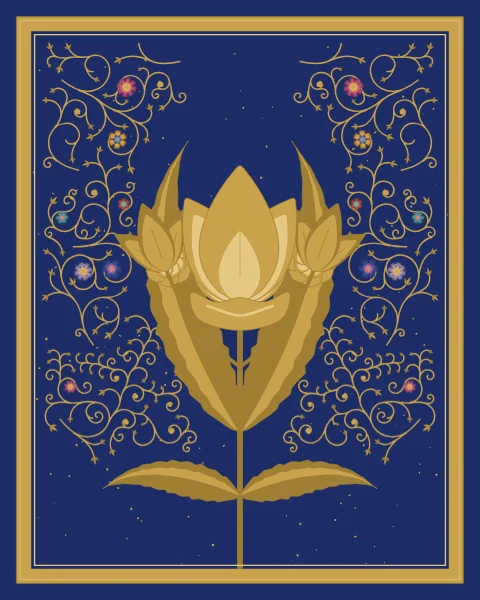 A lotus between two great curling saz leaves, with rosettes and tulips, all in tones of gold on a lapis ground with gold scrolls and flecks.