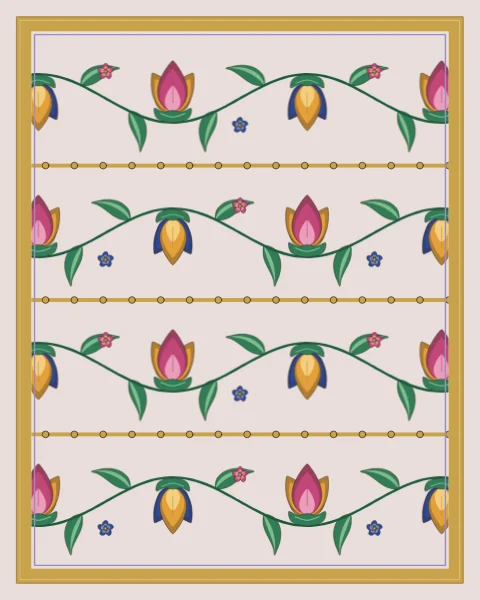 Bands of a wavy green stem carry lotus flowers turning up and down, with leaves and small blossoms, divided by gold rules on a pale lavender ground.
