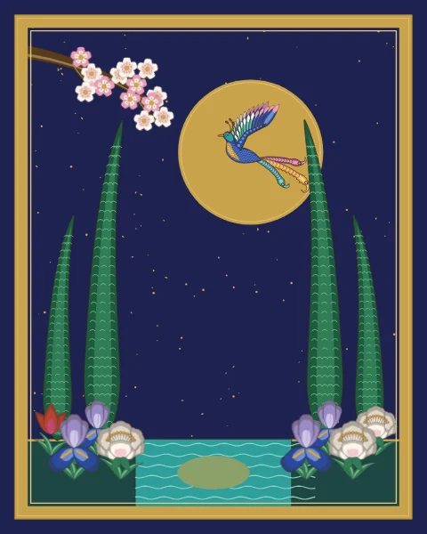 A gold moon shines over a night garden of cypresses around a turquoise pool, with a bed of irises, peonies, tulips and carnations, a blossoming branch reaching in from the corner and a small bird crossing the moon.