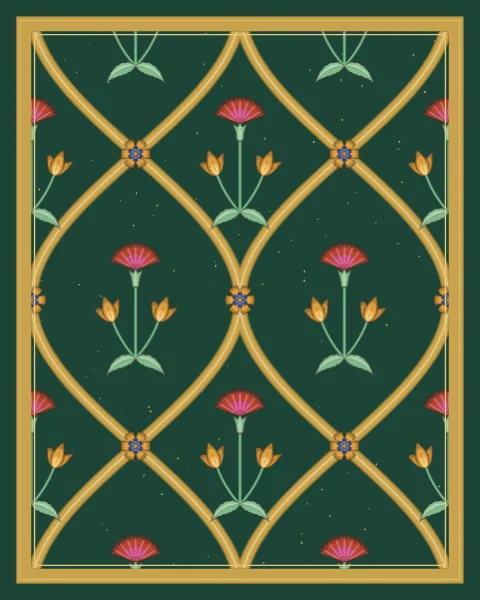 A gold ogee lattice with small rosettes at its knots encloses carnations crowning pairs of saffron tulips, on a deep green ground flecked with gold.