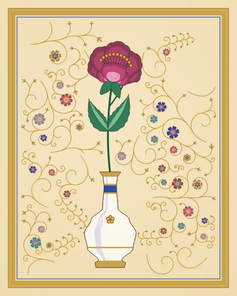 A white bottle with blue bands and a gold blossom holds a single rose-pink peony with a bud and two serrated leaves, among sparse gold scrolls on a pale saffron ground.