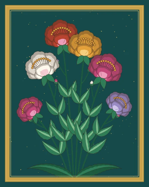 A great peony bush with large flowers in rose, white, red, saffron and lavender and many buds arches from saz leaves on a deep teal ground flecked with gold.