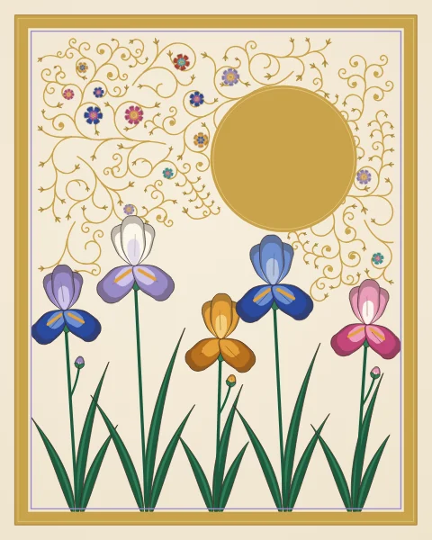 A row of irises in lavender, white, saffron, blue and pink stands among sword-shaped leaves beneath a gold moon, with fine gold scrolls.