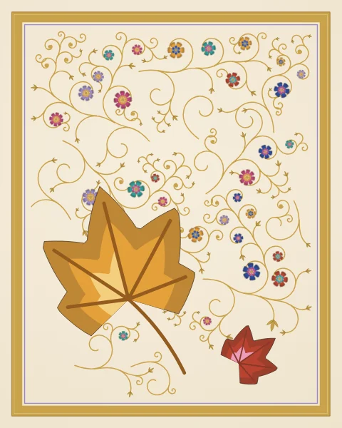 A single large saffron plane leaf on its stalk and a smaller red leaf, among sparse gold scrolls within a gilded frame.