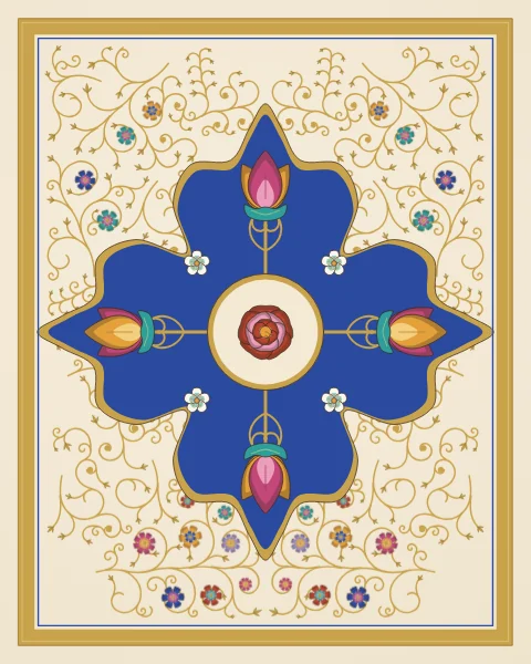 A four-lobed cobalt cloud collar edged in gold holds four lotus flowers on gold scrolls around a central rose, on an ivory ground with gold scrolls.