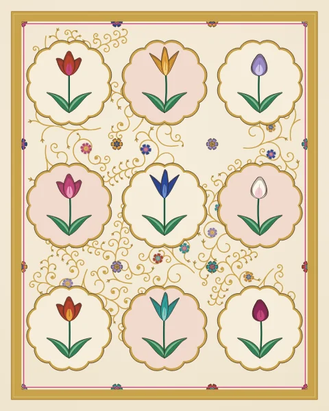 A grid of lobed gold roundels, alternately ivory and pale rose, each holding a different tulip on its stem, with small rosettes at the corners.