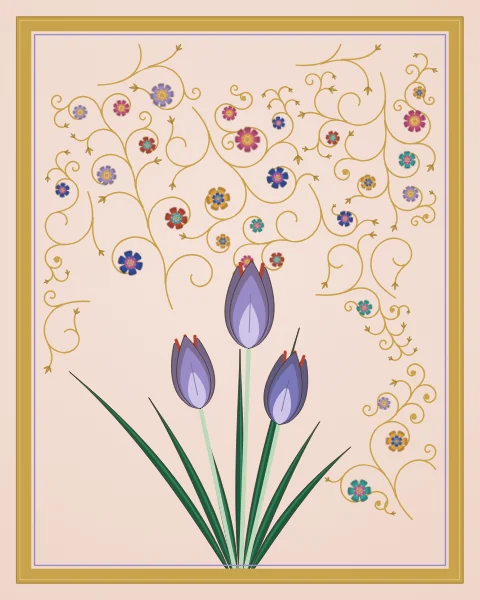 Three lavender crocuses with red stigmas rise from fine grass-like leaves, among sparse gold scrolls on a pale rose ground.