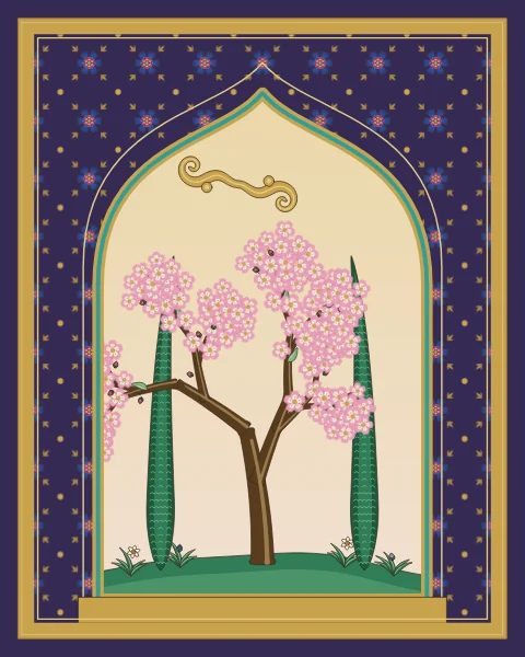 A pointed arch in a wall tiled with small rosettes opens onto a pale gold sky, a flowering tree, two cypresses and a mound of grasses and flowers.