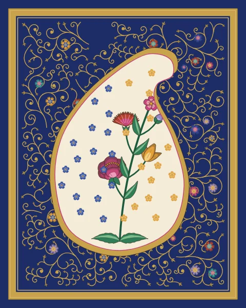A large ivory boteh, the teardrop shape with a curled tip, edged in gold and filled with a flowering plant and small blossoms, on a lapis ground with gold scrolls.