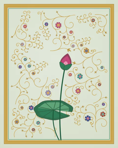 A single closed lotus bud in rose on a tall stem with one round pad, among sparse gold scrolls on a pale celadon ground.