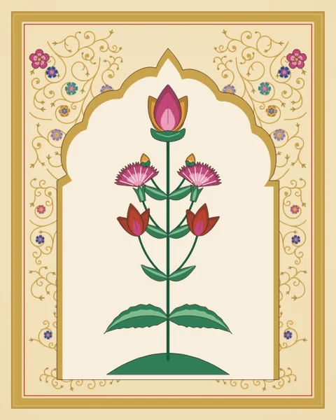 A symmetrical flowering plant with tulips, carnations, buds and a lotus at the top stands on a small mound inside a cusped gold arch, on a pale saffron ground with gold scrolls.