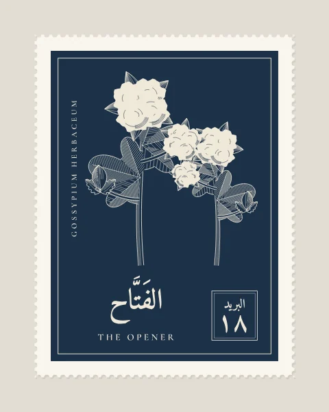 A perforated postage stamp in Prussian blue showing a cotton stem with two open bolls and a bud in fine white-line engraving, with the Name in Arabic and English, the Latin name along one edge and a corner panel numbered 18.