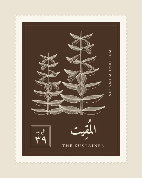 A perforated postage stamp in sepia showing a sesame plant with tubular flowers and ribbed seed pods in fine white-line engraving, with the Name in Arabic and English, the Latin name along one edge and a corner panel numbered 39.