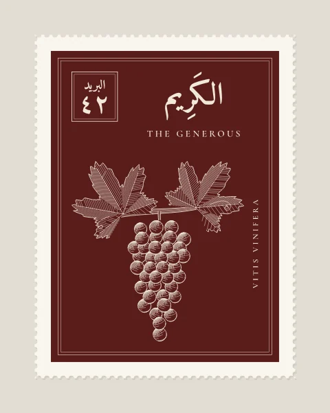 A perforated postage stamp in oxblood showing a bunch of grapes hanging from a vine with two lobed leaves and tendrils in fine white-line engraving, with the Name in Arabic and English, the Latin name along one edge and a corner panel numbered 42.