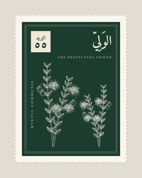 A perforated postage stamp in bottle green showing two stems of myrtle with small leaves, tufted white flowers and dark berries in fine white-line engraving, with the Name in Arabic and English, the Latin name along one edge and a corner panel numbered 55.
