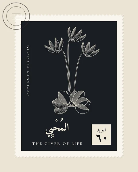 A perforated postage stamp in ink-black showing a cyclamen with swept-back flowers on long stalks above its leaves in fine white-line engraving, with the Name in Arabic and English, the Latin name along one edge and a corner panel numbered 60. A faint postmark crosses one corner.