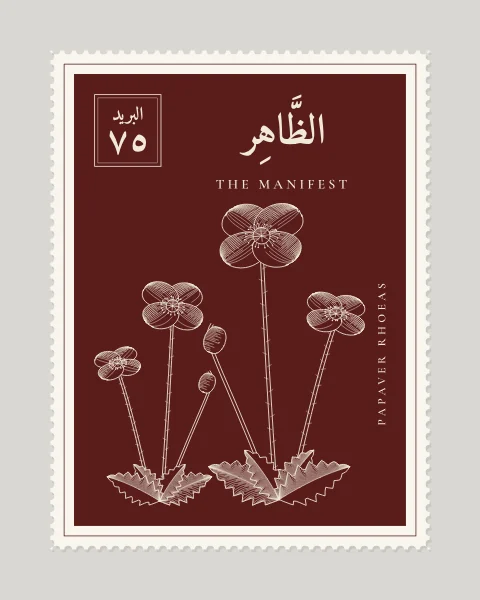 A perforated postage stamp in oxblood showing field poppies in flower with nodding buds and deeply toothed leaves in fine white-line engraving, with the Name in Arabic and English, the Latin name along one edge and a corner panel numbered 75.